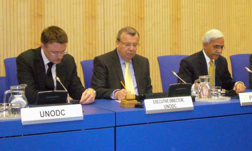 Photo: UNODC: Lef to right - Jeremy Douglas, UNODC Representative for Pakistan; Yury Fedotov, UNODC Executive Director and Secretary of the Ministry of Narcotics Control of Pakistan, Iftikhar Ahmed