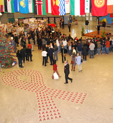 Big red ribbon at the Vienna International Centre rotunda