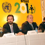 Photo: DPI: Opening Press Briefing, John Sandage, Executive Secretary of the Congress and Officer-in-Charge of the Division for Treaty Affairs UNODC (left) and Luiz Paulo Teles Ferreira Barreto, President of the Congress and Minister of Justice, Brazil