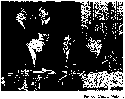 Full size image: 35 kB, Mr. C. V. Narasimhan,Under-Secretary of the United Nations for Special Political Affairs, exchanging views with some of the delegates.
