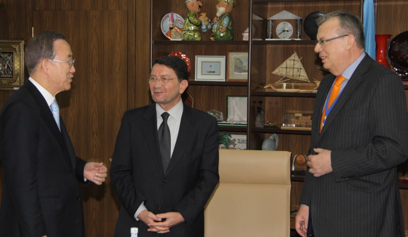 United Nations Secretary-General, Ban Ki-moon (left), UNWTO Secretary-General, Taleb Rifai (centre), and UNODC Executive Director, Yury Fedotov (right).
