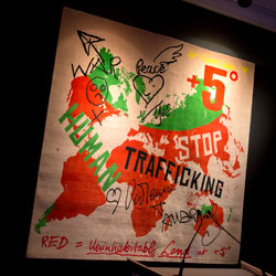 Photo: A special carpet, donated by The Rug Company and using iconic Vivienne Westwood graphics as well as the words STOP HUMAN TRAFFICKING and the designer's signature in support of the campaign, was auctioned at the event.