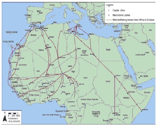 Migrant Smuggling routes from Africa to Europe