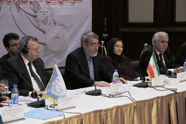 Left to right: H.E. Mr. Yury Fedotov, UNODC Executive Director; H.E. Mr. Abdolreza Rahmani Fazli, Islamic Republic of Iran Minister of Foreign Affairs and Secretary General of Drug Control Headquarters; H.E. Mrs. Salamat Azimi, Islamic Republic of Afghanistan Minister of Counter Narcotics; Mr. Salimzoda Sherkhoni, Republic of Tajikistan Director of Drug Control Agency