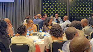 Participants of a meeting are sitting around tables. One of the participants, a woman, is speaking through a microphone.