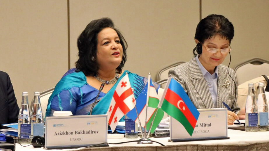 Panel with two women. On the table are name plates and small flags. One of the women - Ms. Ashita Mittal, UNODC Regional Representative - is currently speaking.