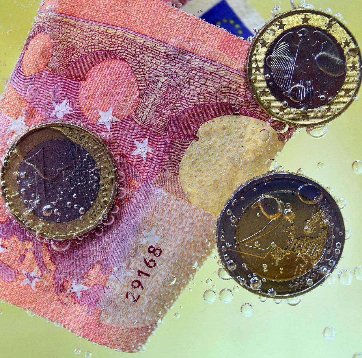 An image displaying three coins and one banknote of 10 Euro under water.  