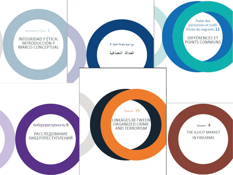 Cover pages of different UNODC training modules in different languages