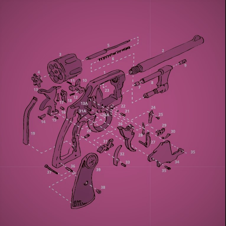 An illustration representing different parts of a firearm. 