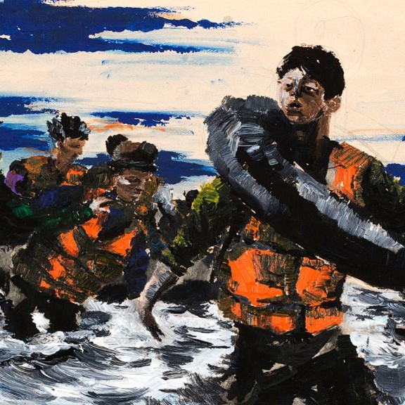 An illustration representing migrants arriving on a shore. 