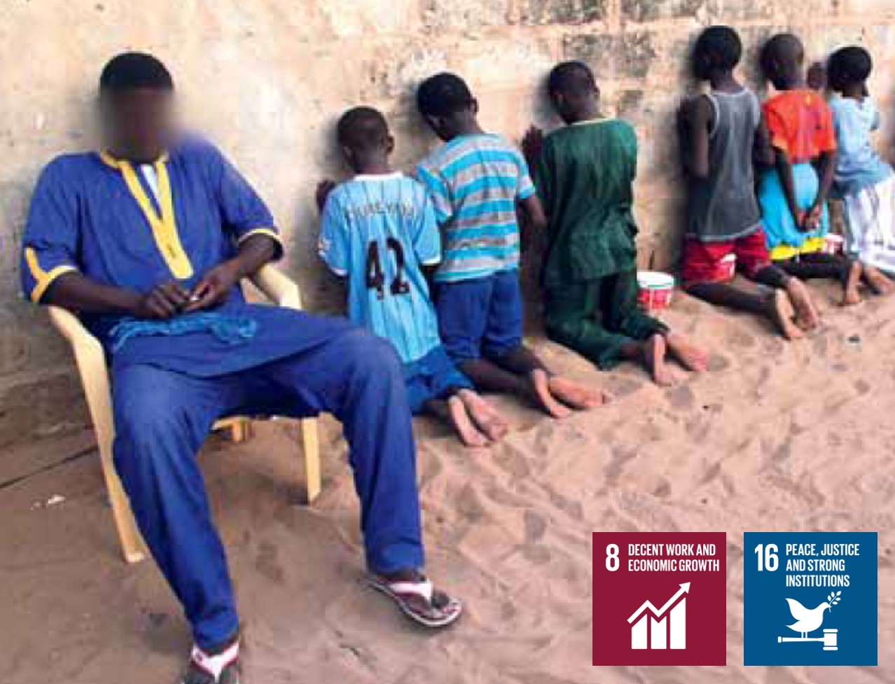 Children lined up along a wall with their backs toward the camera. The logos of SDG 8 and SDG 16 are featured in the corner. 