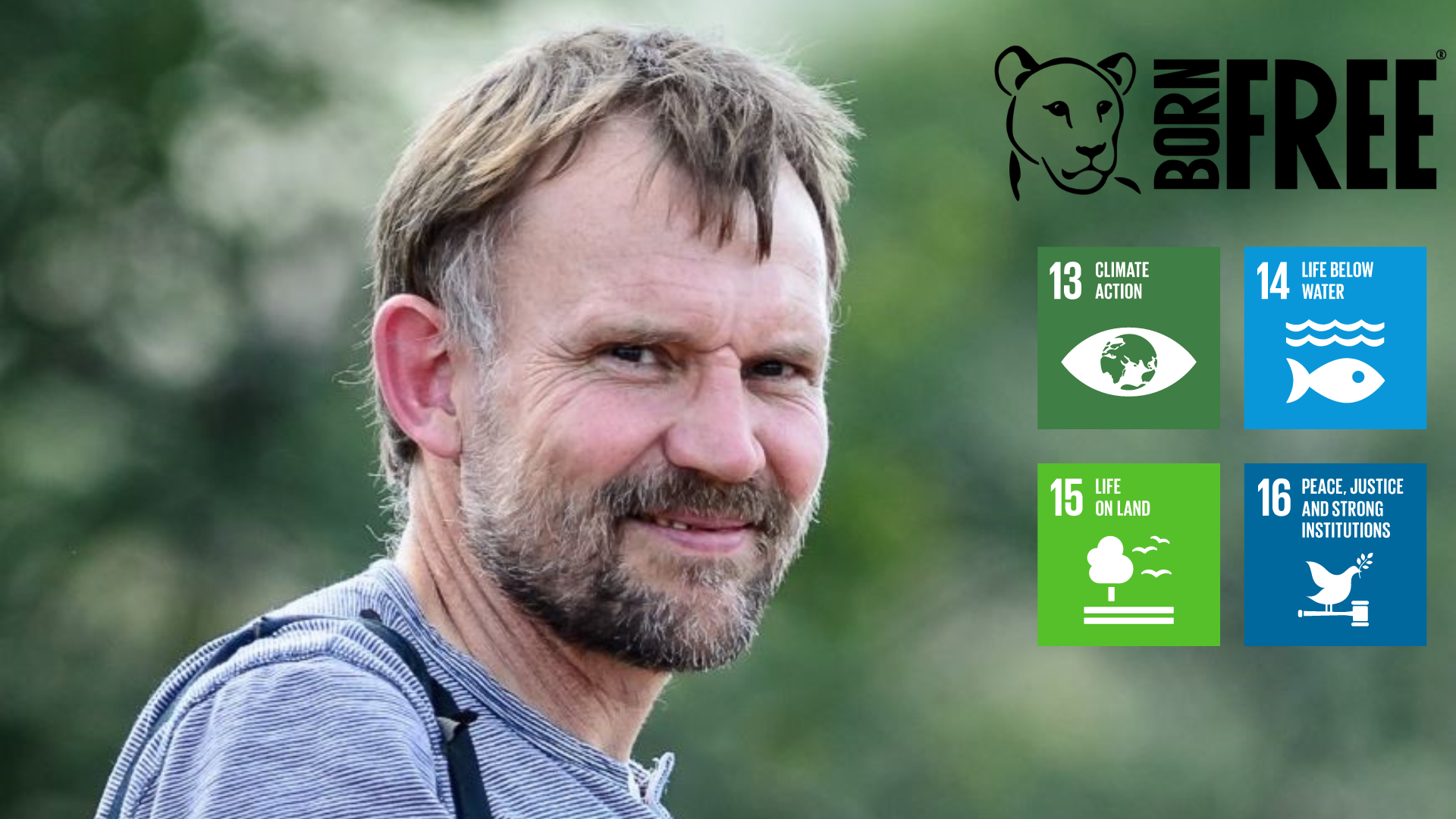 Mark Jones from the Born Free NGO is featured with the logos for SDG 13, SDG 14, SDG 15 and SDG 16