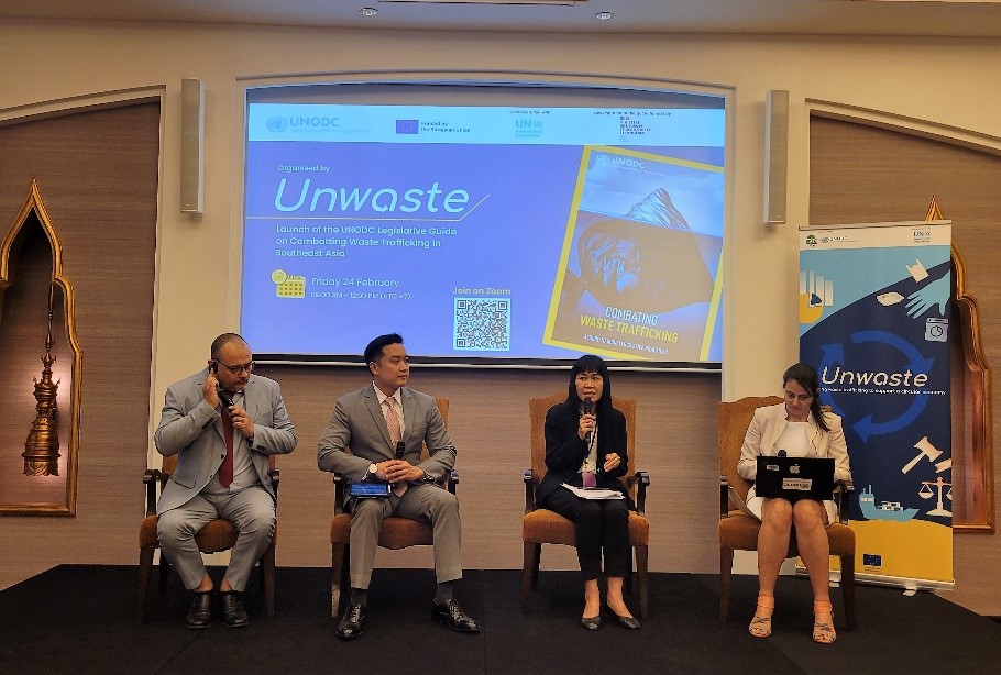 <p><em>(Left to right): Mr Patrick Mihoub (French Customs), Mr Teerat Limpayaraya (Thailand Office of the Attorney General), Ms Wanich Sawayo (Thailand Pollution Control Department, Ministry of Natural Resources and Environment) and Ms Ioana Cotutiu (UNODC Unwaste Project)</em></p>