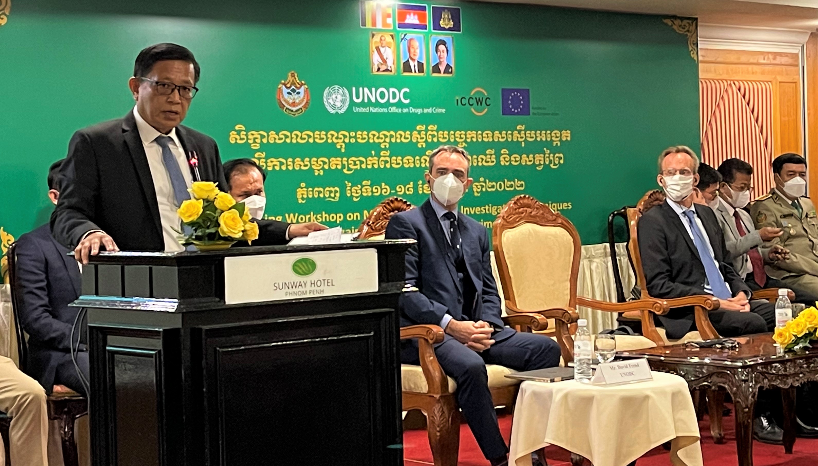 <p style="text-align: justify;"><em>H.E. Nut Chansohka providing opening remarks alongside Mr. David Frend, AML/CFT Adviser and Mentor – Mekong Region at UNODC and Clemens Beckers, Attaché Natural Resources Management – Climate Change at the EU Delegation to the Kingdom of Cambodia</em></p>