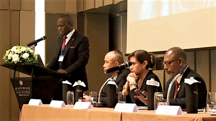 <div style="text-align: justify;"><em><br />Attorney-General Thabo Chakaka Nyirenda <em>explains important insights on the criminal justice system in Malawi while providing opening remarks alongside with Pol. Lt. Gen. Prachaub Wongsuk, Assistant Commissioner General of the Royal Thai Police, Mrs. Liz Patricia Benavides Vargas, General Attorney of Peru, Mr. Abdulla Shareef, Commissioner General of Customs of Maldives (left to right) and Daniel Lamm, Regional Programme Coordinator, Bureau of International Narcotics and Law Enforcement Affairs, US Embassy in Thailand (not in the picture) </em><br /></em></div>