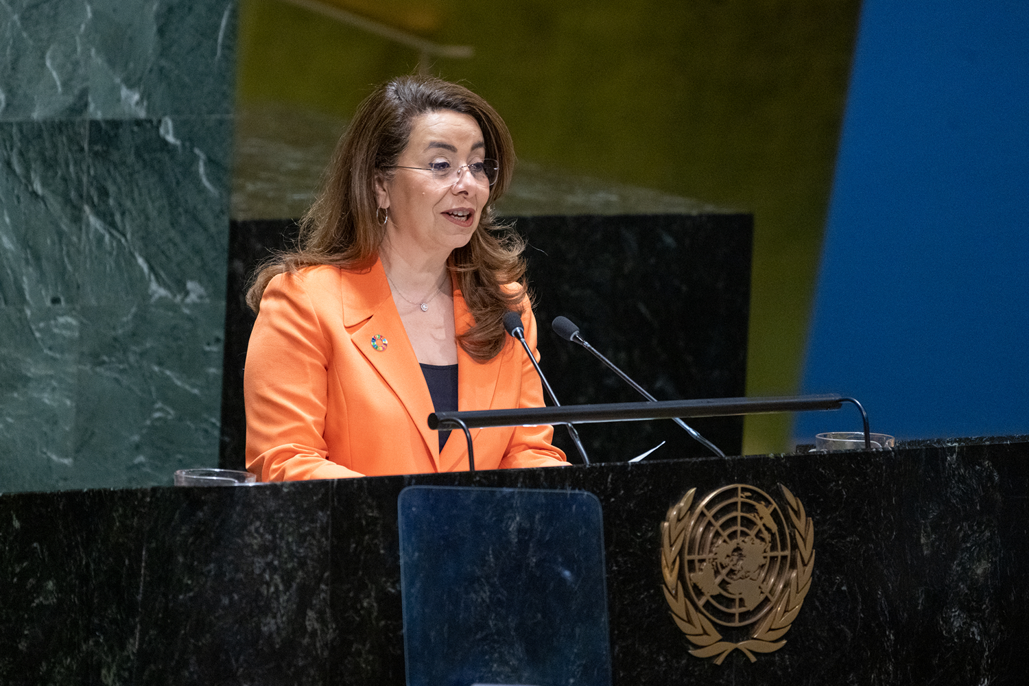 UNODC Executive Director stands in front of a lectern in the United Nations General Assembly hall in New York. 