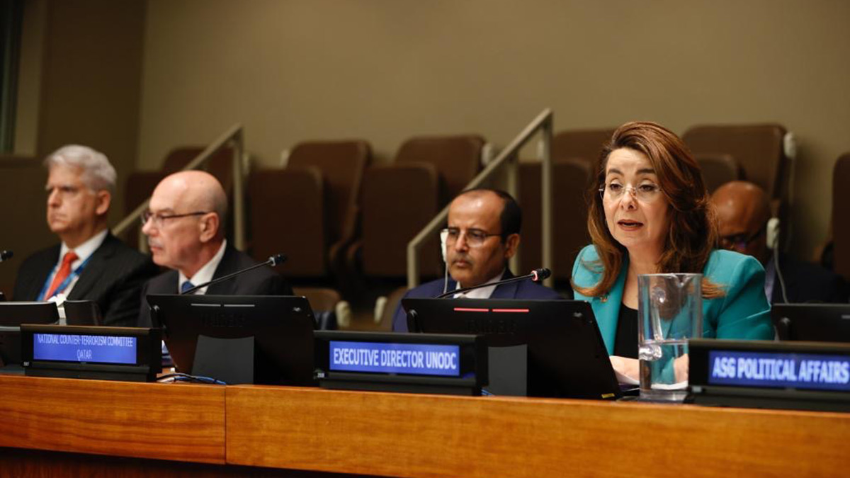 UNODC Executive Director speaking behind a desk at the United Nations in New York. 
