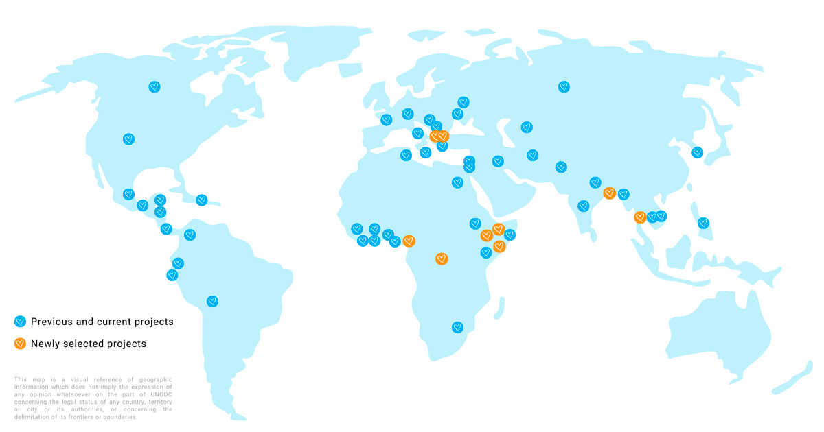 world map showing previous, current and newly selected project locations