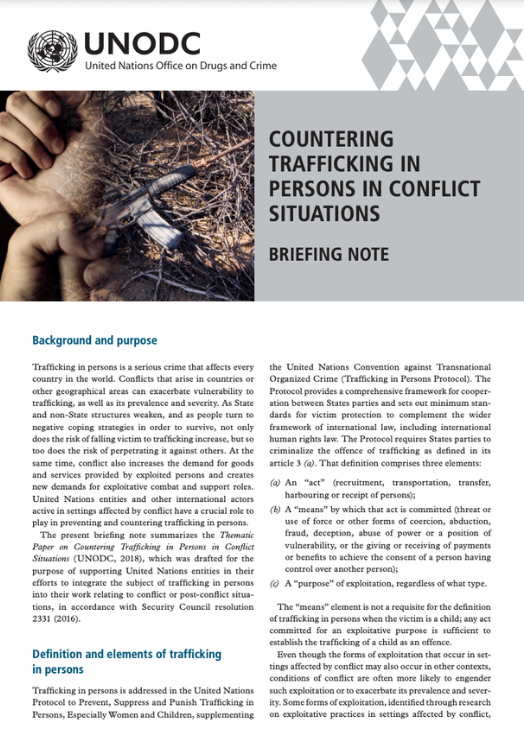 <a href="https://www.unodc.org/documents/human-trafficking/2018/17-09063_Briefing_Note_TIP_in_conflict_A4_Ebook.pdf">Countering Trafficking in Persons in Conflict Situations</a>
