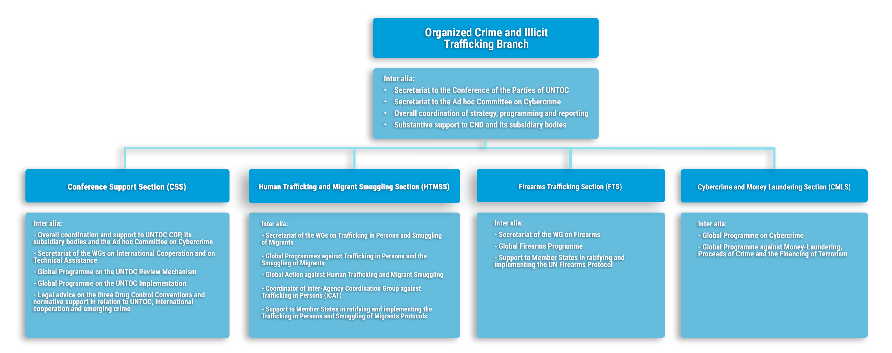 An organizational chart with one main section "Organized Crime and Illicit Trafficking Branch" and four sections below for the respective sections (Conference Support Section, Human Trafficking and Migrant Smuggling Section, Firearms Trafficking Section, and Cybercrime and Money Laundering Section).