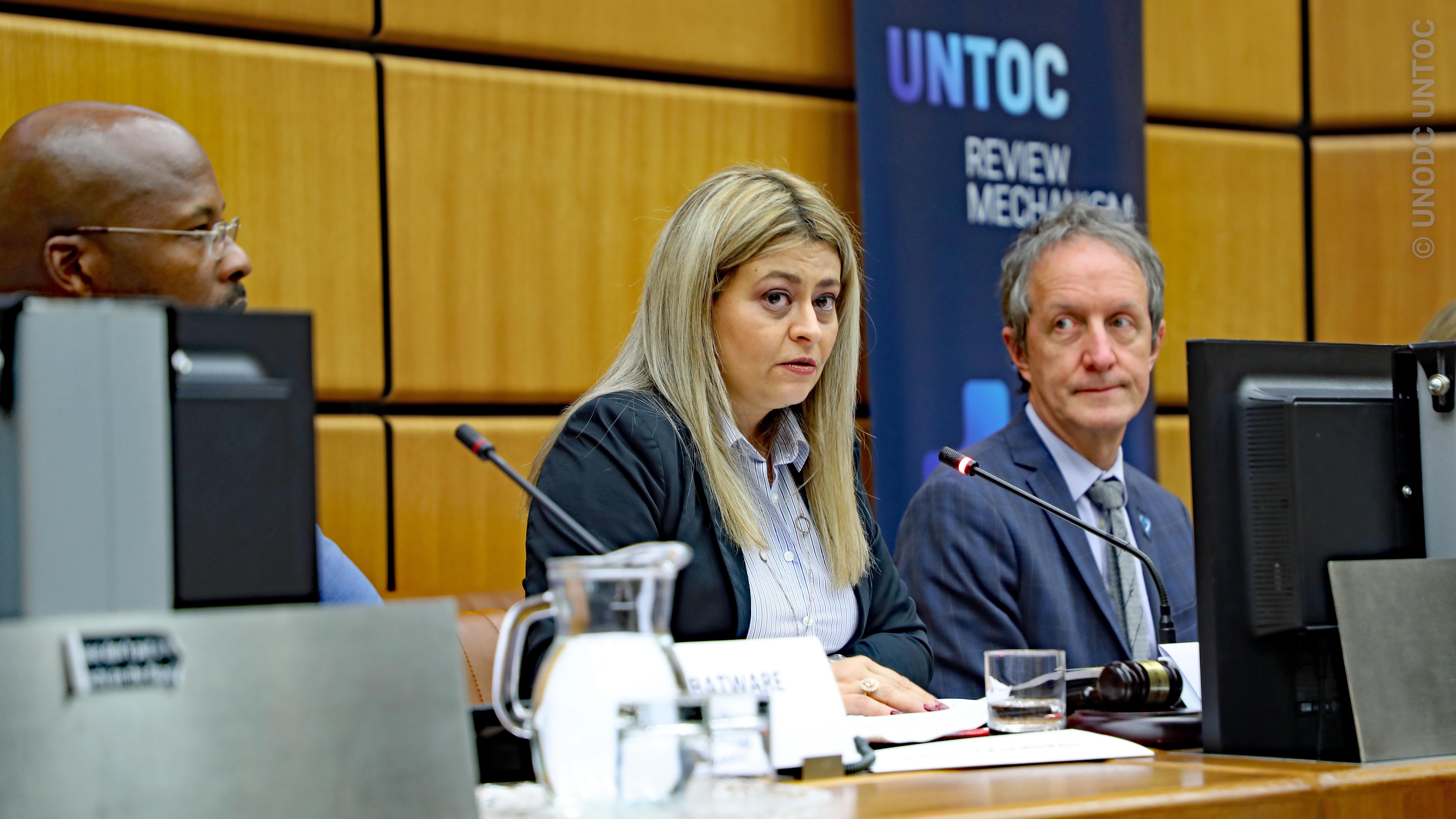 A panel with two men and a woman. The woman is speaking through a microphone. In the background, a roll up banner of the UNTOC Review Mechanism.