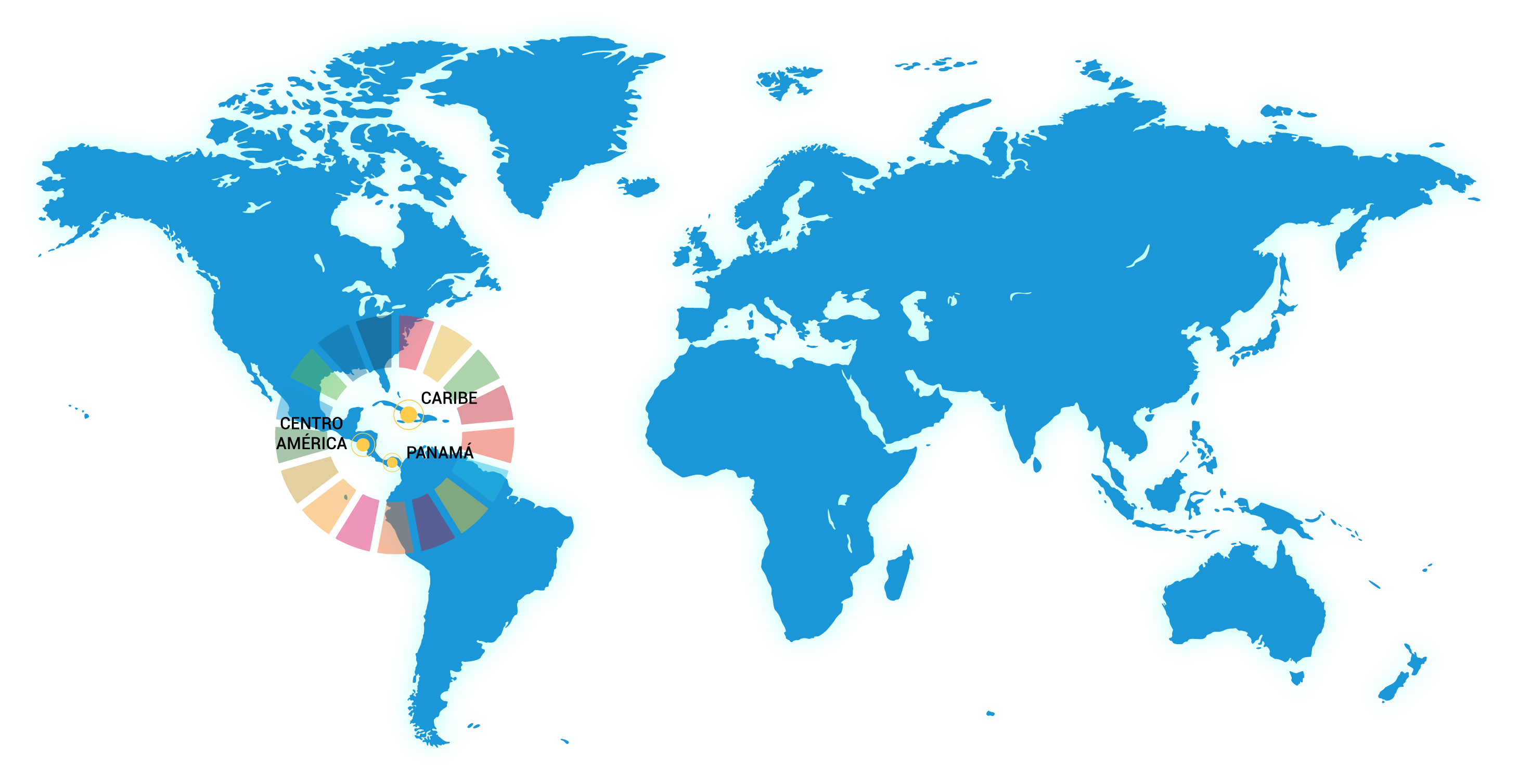 Mapa del mundo señalando la región de América Central y el Caribe