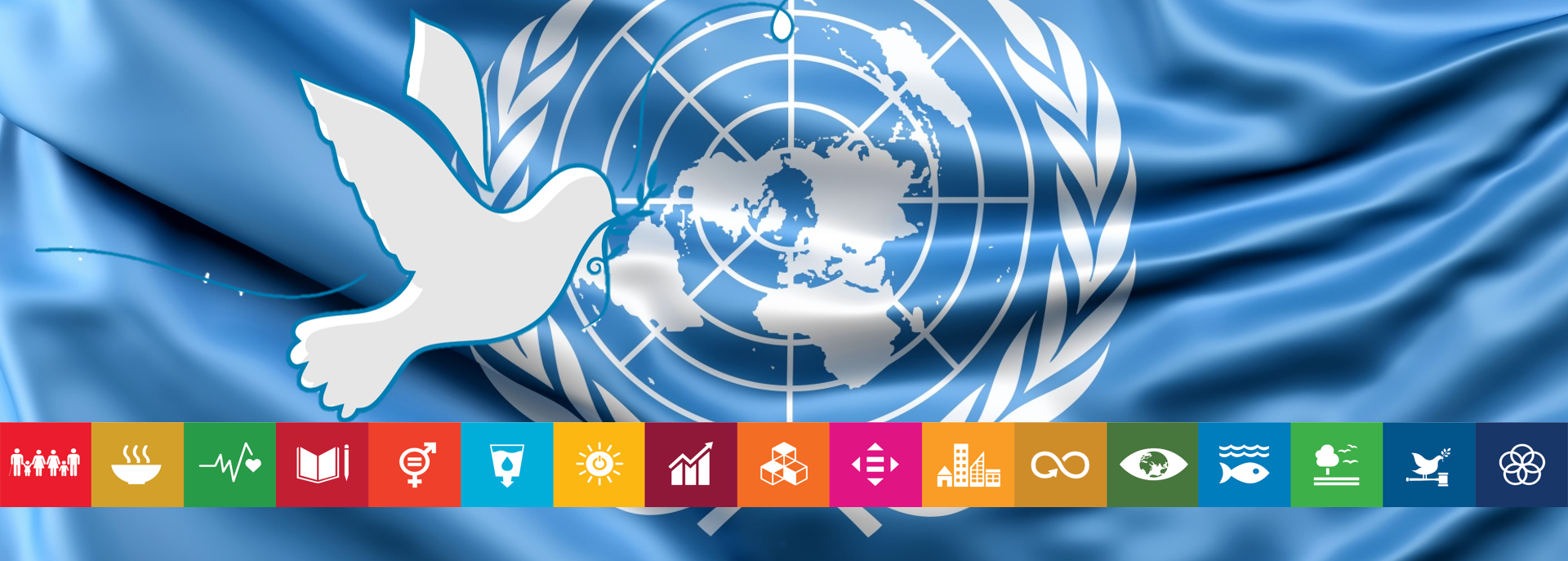Bandera de Naciones Unidas con los íconos de los Objetivos de Desarrollo Sostenible.