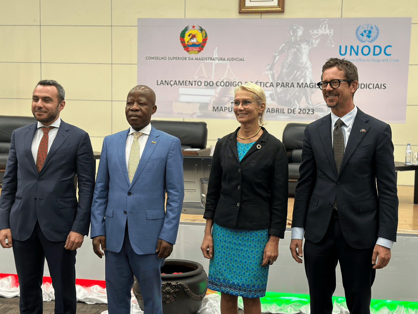 <p><em><span style="color: #808080;">Caption: From left to right: Antonio De Vivo, OiC UNODC Programme Office in Mozambique, H.E. Adelino Manuel Muchanga, Supreme Court Chief Justice, Myrta Kaulard, United Nations Resident Coordinator in Mozambique, and H.E. Haakon Gram-Johannessen, Ambassador of Norway to Mozambique. © UNODC</span></em></p>