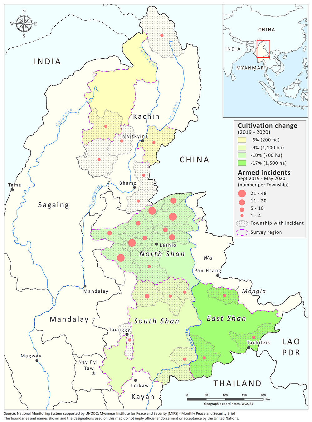 <p>Cultivation change and reported conflict and armed incidents during the 2019-2020 opium poppy growing season</p>