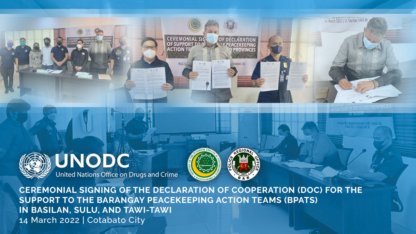 The UNODC inks partnership with the Ministry of the Interior and Local Government and Police Regional Office in BARMM to further capacitate community-oriented policing units in Basilan, Sulu, and Tawi-Tawi