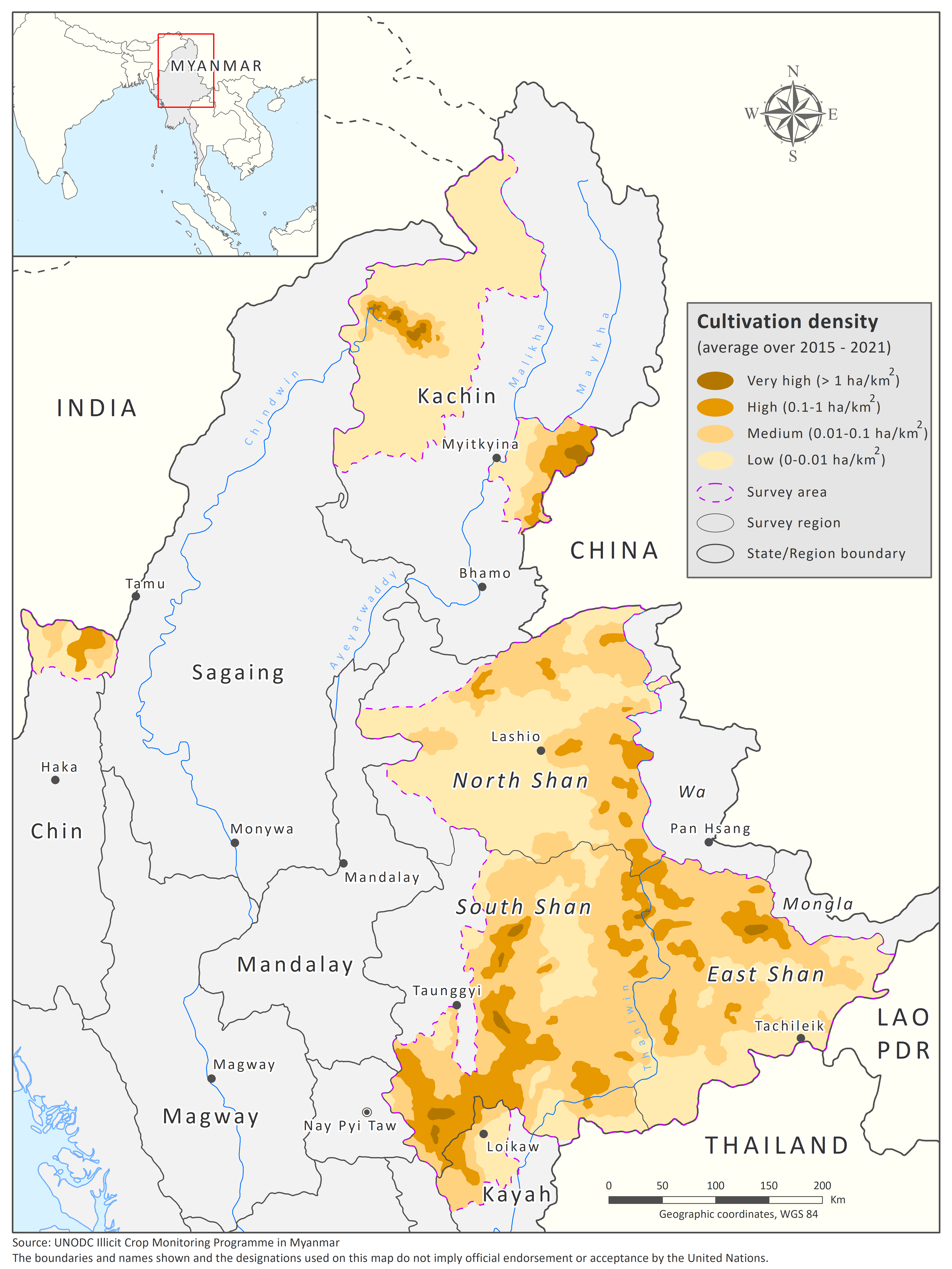 Opium poppy cultivation density in Myanmar (average over the period 2015-2021 in ha/km²)