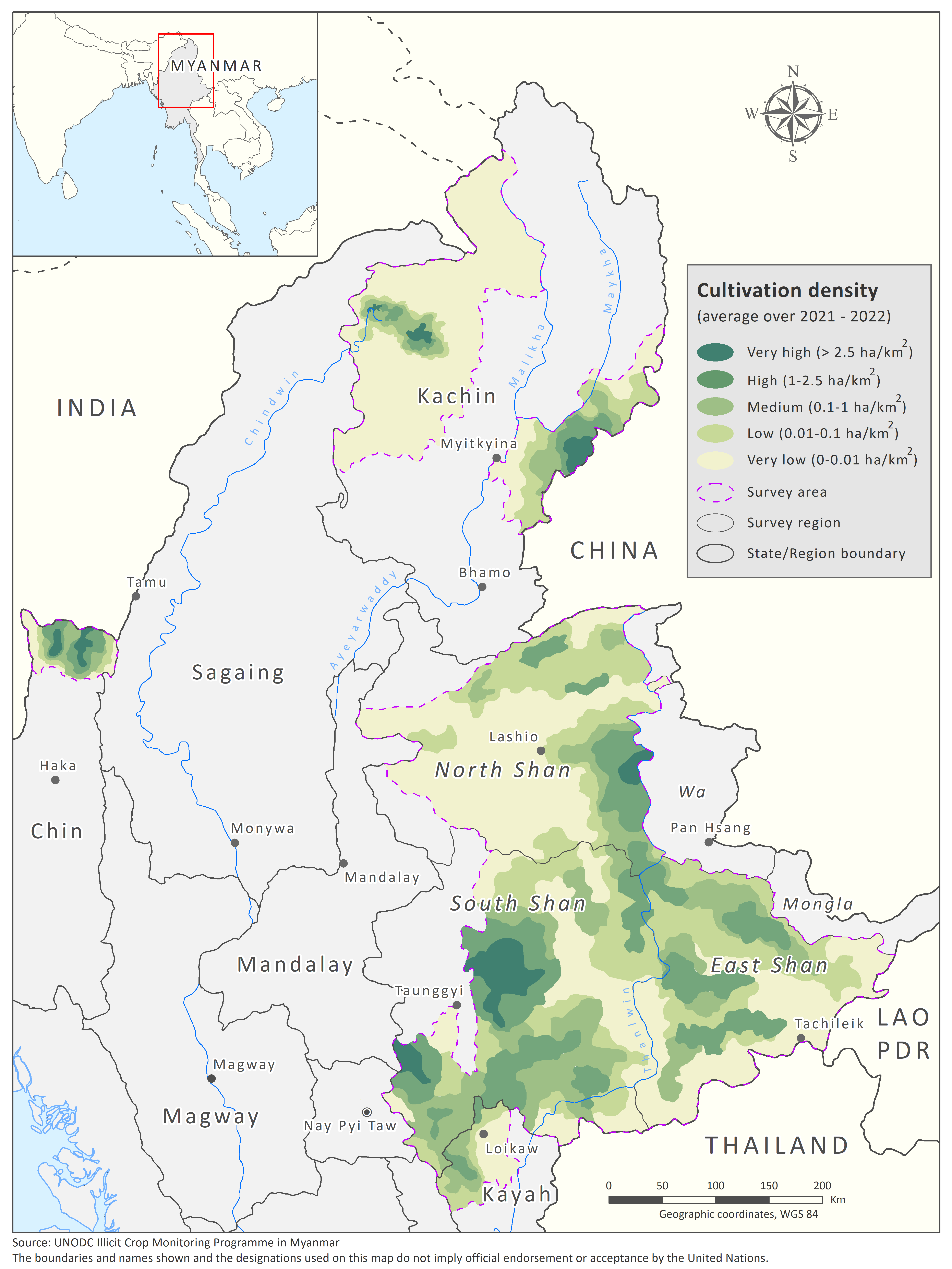 Opium poppy cultivation density in Myanmar