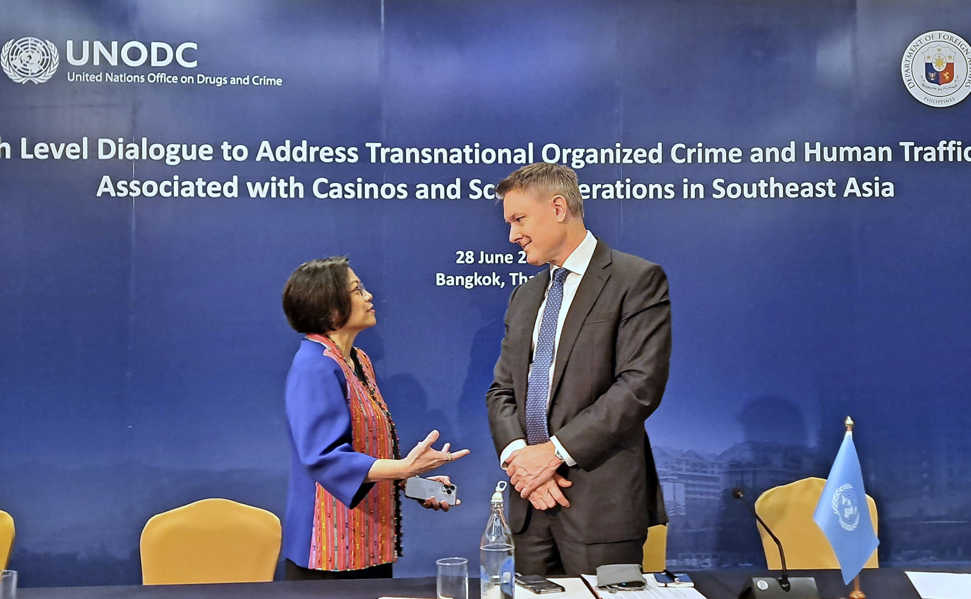 Regional Representative Jeremy Douglas and Ambassador of the Philippines Millicent Paredes discuss the need for a regional plan of action to address transnational crime run casinos and scam centres.
