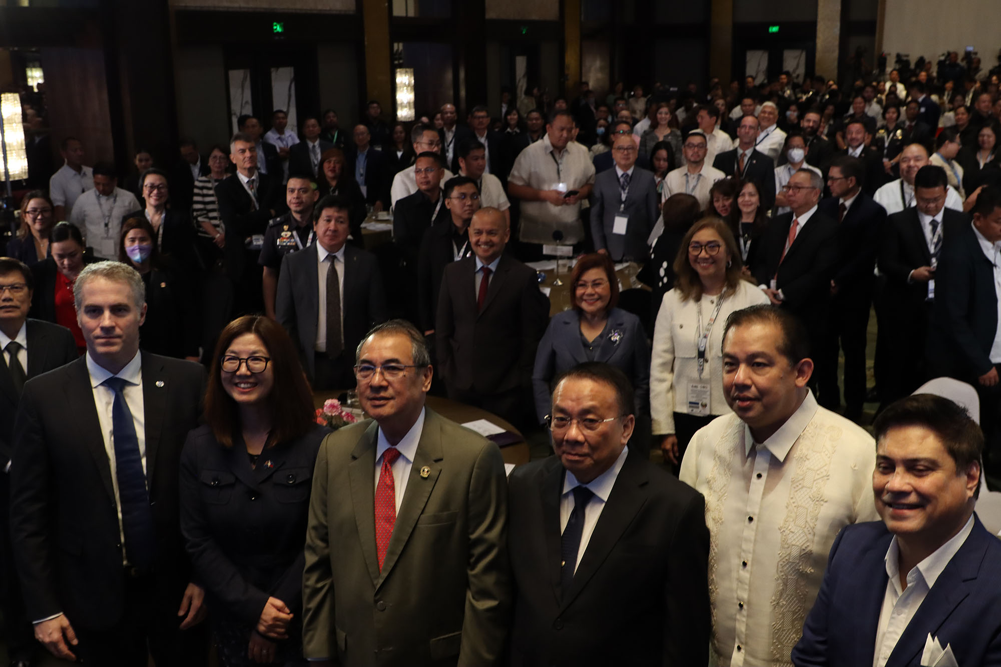 From left to right: UNODC Country Manager for the Philippines Daniele Marchesi, Australian Ambassador HK Yu PSM, Supreme Court Chief Justice Alexander Gesmundo, Executive Secretary Lucas Bersamin (representing President Ferdinand R. Marcos Jr.), Speaker of the House of Representatives Ferdinand Martin G. Romualdez, and Senate President Juan Miguel "Migz" Zubiri at the summit in Manila.