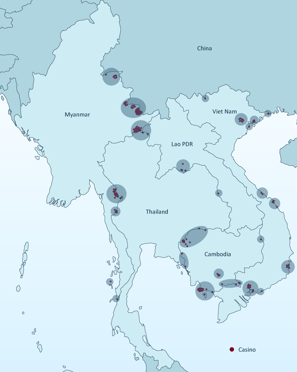 Locations of casinos in lower Mekong countries in 2022. <br /> Source: UNODC elaboration based on information obtained through various channels, including its Country Offices in Southeast Asia and field researchers.