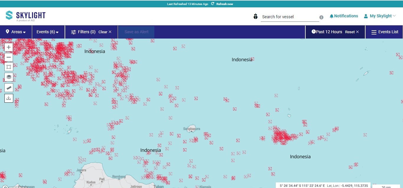 The Skylight’s maritime intelligence platform maps out the positions of vessels around Indonesia, aiding to identify and intercept those involved in illegal activities.